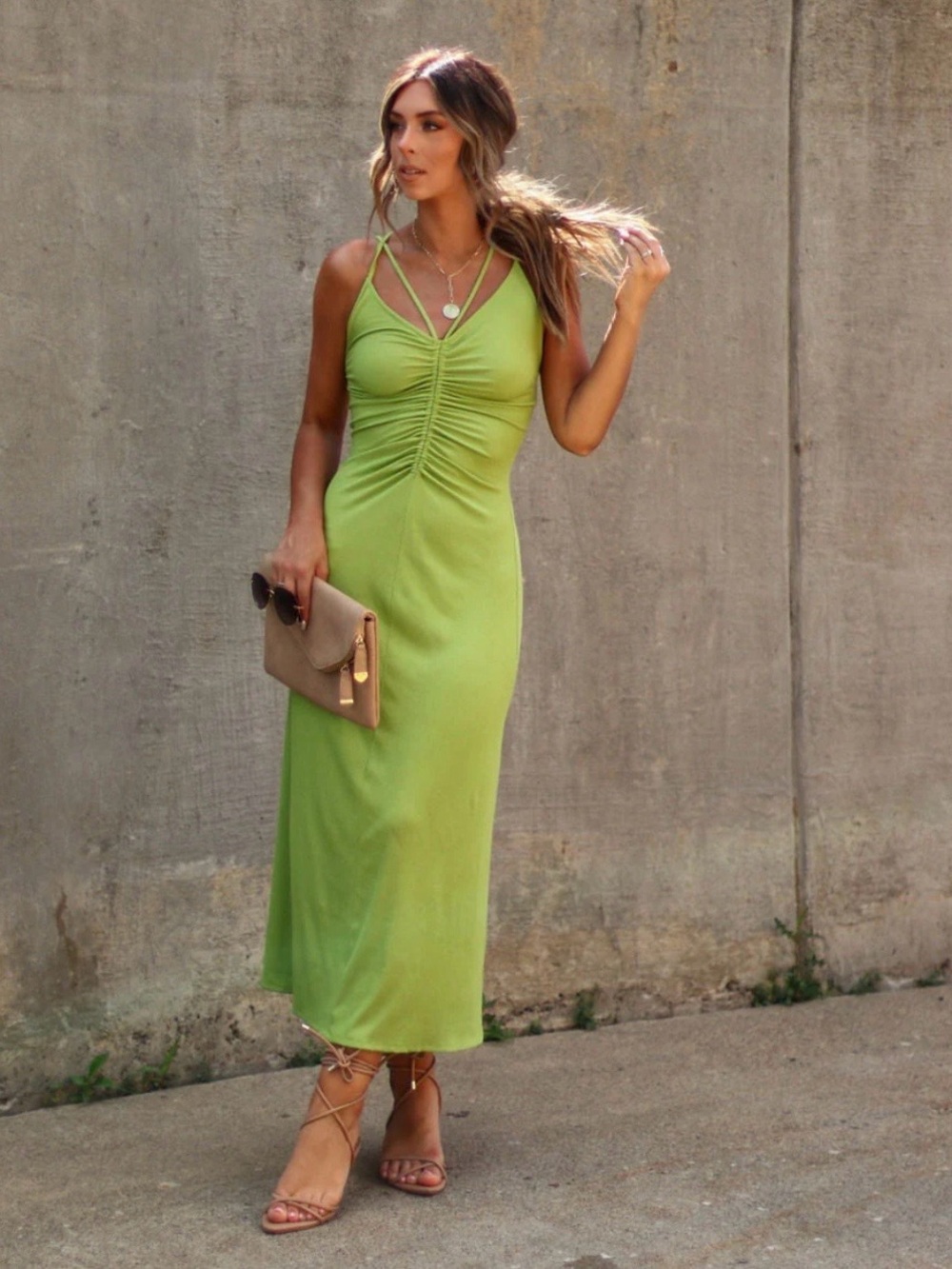 Lime Green Ruched Midi Dress NWOT